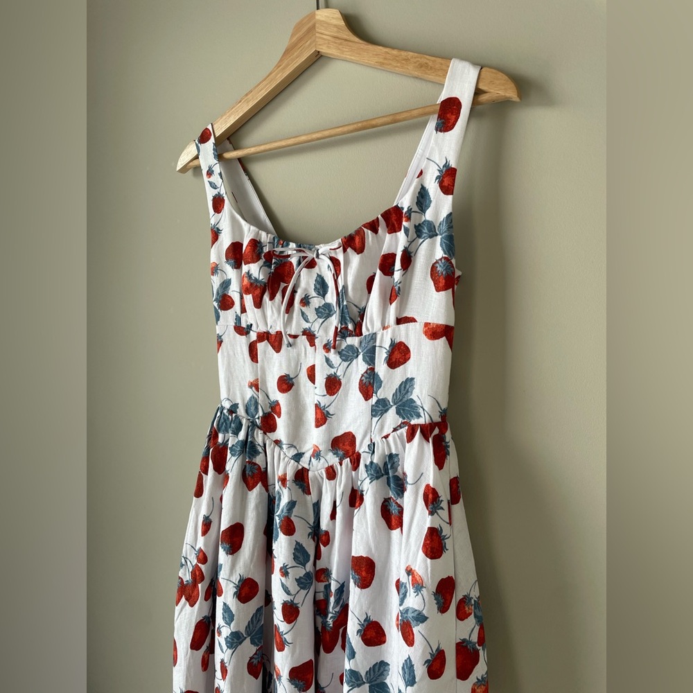 NEW Reformation Balia Midi Linen Dress in Strawberry Jam White Red | size 0 - Picture 11 of 14